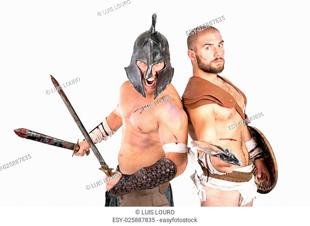 Gladiators posing isolated in a white background
