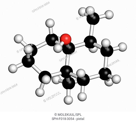 Geosmin earthy flavour molecule. Responsible for the typical taste of beetroot. Atoms are represented as spheres with conventional colour coding: hydrogen...
