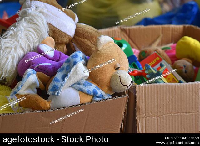 Central regional warehouse of humanitarian aid for war refugees from Ukraine in Karlovy Vary-Stara Role, Czech Republic, on March 10, 2022