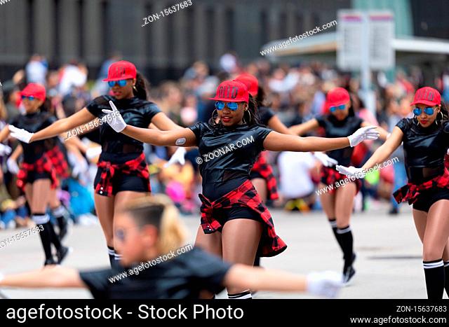 Houston, Texas, USA - November 28, 2019: H-E-B Thanksgiving Day Parade, Members of the Designed 2 Dance Performing Arts, dancing at Milam Street during the...