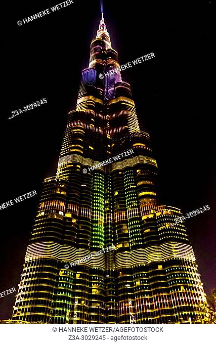 Light show at the Burj Khalifa in Dubai, highest building of the world