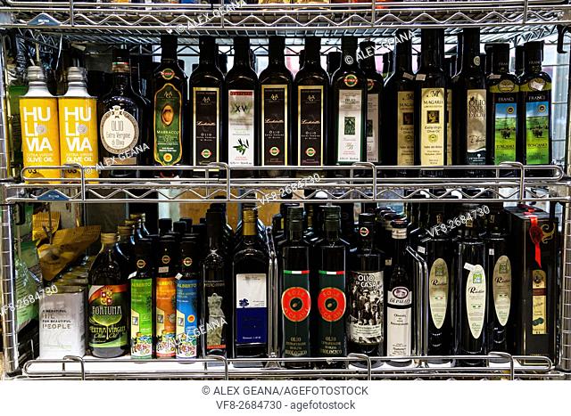 Luxury and high-end imported olive oil on a store shefl in New York's Little Italy at Di Palo's deli