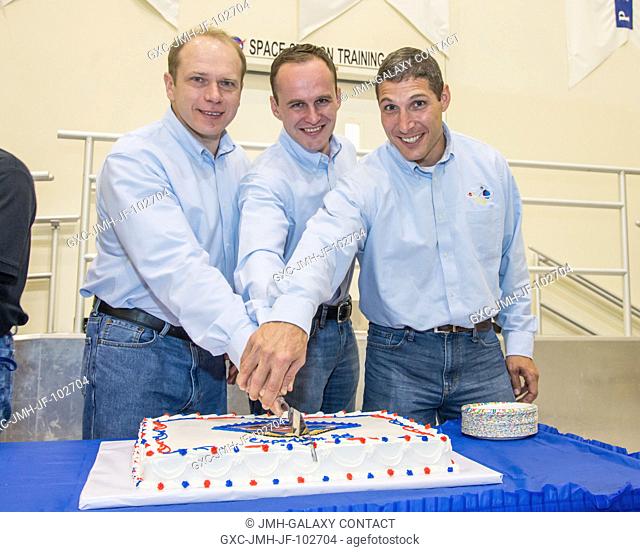 Russian cosmonaut Oleg Kotov (left), Expedition 37 flight engineer and Expedition 38 commander; Russian cosmonaut Sergey Ryazansky (center) and NASA astronaut...
