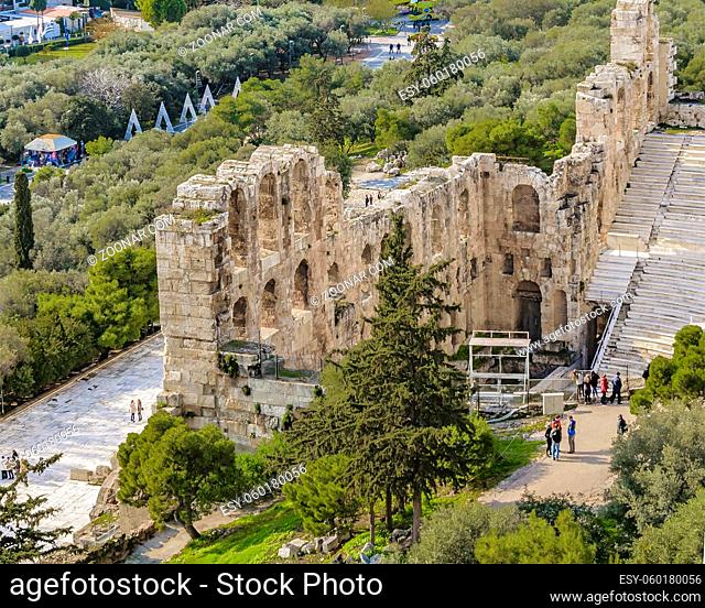 Aerial view from acropolis hill of odeon of herodes atticus, athens, greece