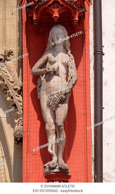 Statue of Eve on the portal of the Marienkapelle in Wurzburg, Bavaria, Germany
