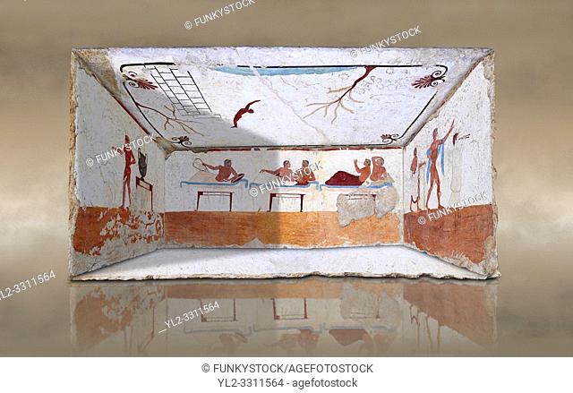 Reconstruction of the inside of the Greek Tomb of the Diver [La Tomba del Truffatore]. The rear panel is from one of the long sides of the tomb and shows a...