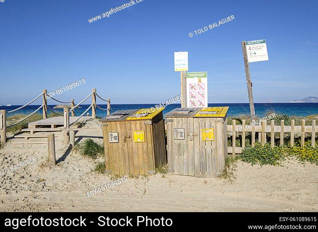 trash recycling bins, Illetes beach, Formentera, Pitiusas Islands, Balearic Community, Spain