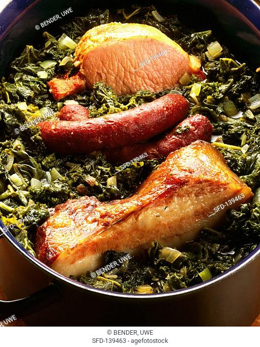 Kale with pork tripe, smoked pork rib & smoked belly pork