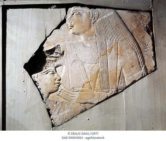 Egyptian civilization, Old Kingdom, Dynasty V. Relief depicting a divinity nursing the king, from the upper temple of the pyramid of Unas