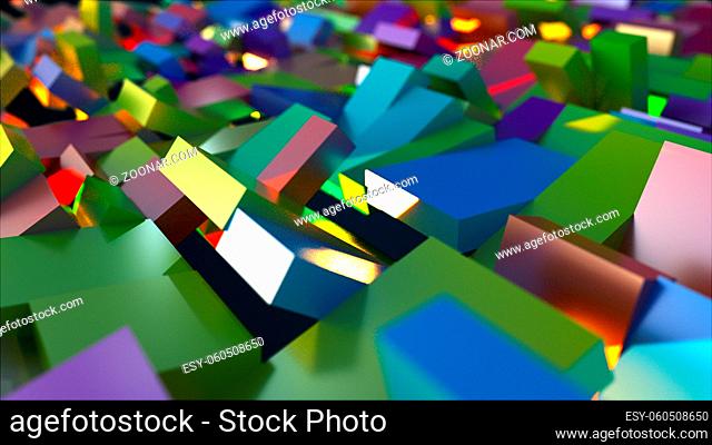 3d rendering of surface with the many rotating colorful rectangles. Computer generated abstract background