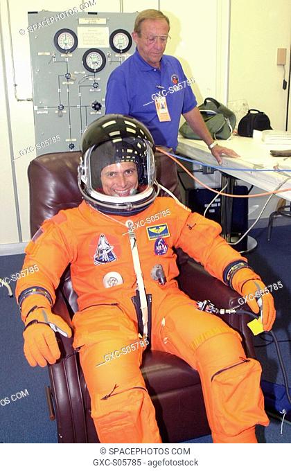 06/05/2002 -- STS-111 Mission Specialist Franklin Chang-Diaz suits up again for the second launch attempt aboard Space Shuttle Endeavour on mission STS-111 to...