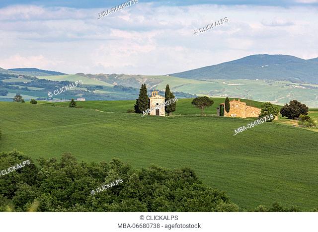 Madonna di Vitaleta chapel, San Quirico d'Orcia. Orcia Valley, Siena district, Tuscany, Italy