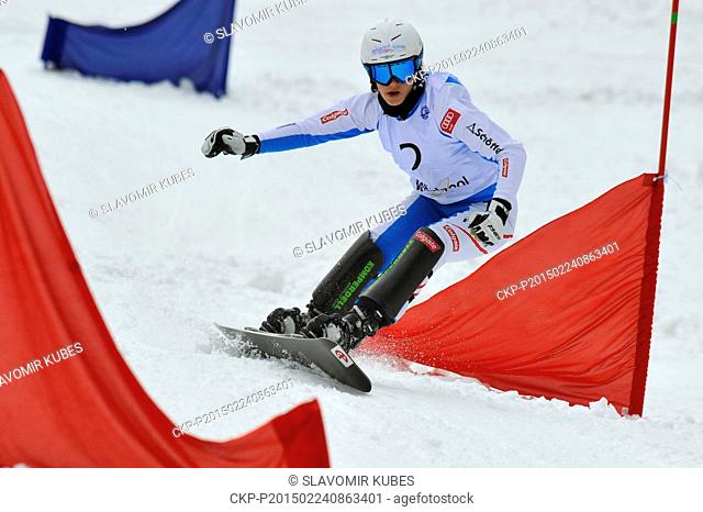 Daniela Ulbing of Austria competes to finish second at the women snowboard parallel slalom Europa Cup 2015 race in Marianske Lazne, Czech Republic, on Tuesday