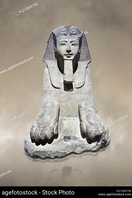 Ancient Egyptian Sphinx statue, sandstone, New Kingdom, early 19th Dynasty (1292-1250), Karnak, Temple of Amon. Egyptian Museum, Turin.