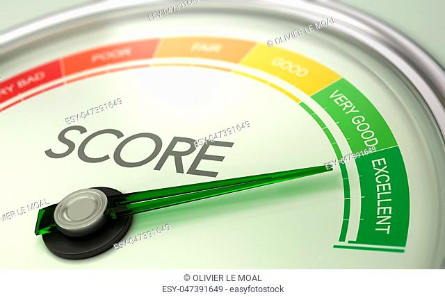 3D illustration of a conceptual gauge with needle pointing to excellent. Business credit score concept