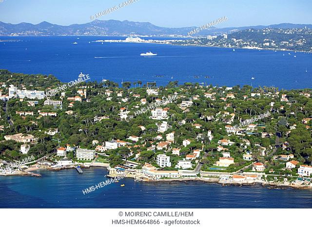 France, Alpes Maritimes, Antibes, Cap d'Antibes, Cannes in the background aerial view