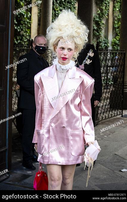 Israeli-naturalized French singer and model Petite Meller guest arriving at the Philosophy di Lorenzo Serafini fashion show during Milan Fashion Week 2020