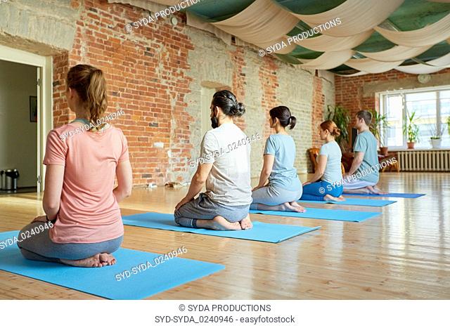 group of people doing yoga kneeling pose at studio