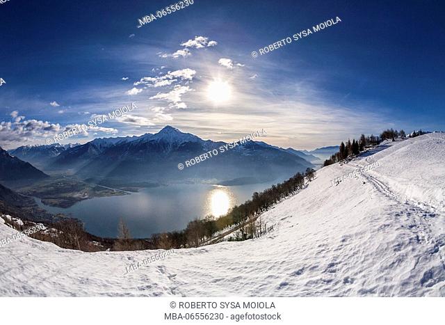 Winter view of Lake Como Vercana mountains High Lario Lombardy Italy Europe