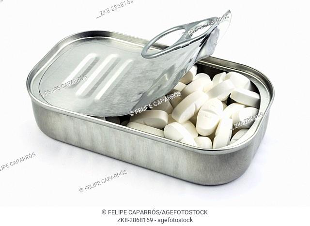 Tin metal contains white pills