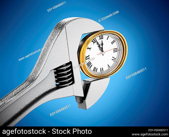 Wrench and clock isolated on white background. 3D illustration