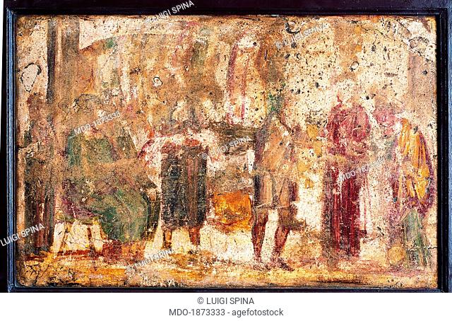 Sell of Textiles, by unknown artist, 62-79, 1st Century A.D., ripped fresco, 51 x 74 cm. Italy, Campania, Naples, National Archaeological Museum, Room LXXVIII