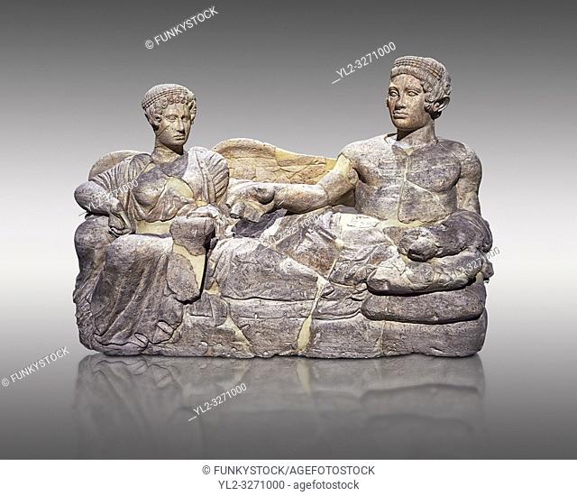 Etruscan cinerary, funreary, urn cover depicting a husband and wife, from the Padata Necropolis, Chianciano, end of 5th century B. C