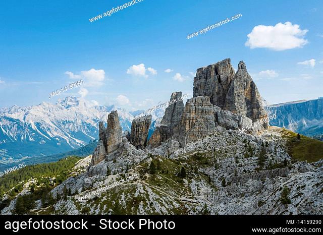 aerial view of cinque torri in dolomites mountains in italy. epic landscape on a sunny day of summer