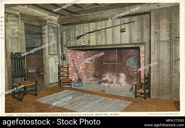 Fireplace in Living Room, Paul Revere House, Boston, Mass. Detroit Publishing Company postcards 12000 Series. Date Issued: 1898 - 1931 Place: Detroit Publisher:...