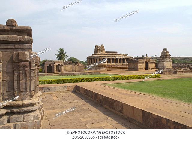 Galaganatha Group of temples, Aihole, Bagalkot, Karnataka, India. View from Suryanarayana temple. From left - Kutira, Durga Temple, and small Shiva temple