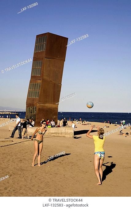 Barcelona, beach, Platja de la Barceloneta, people, Sculpture by Rebecca Horn, girls, beach volleyball