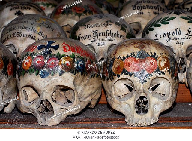 Painted skulls in the ossuary of Hallstatt - Hallstatt, Hallstatt, AUSTRIA, 24/07/2007