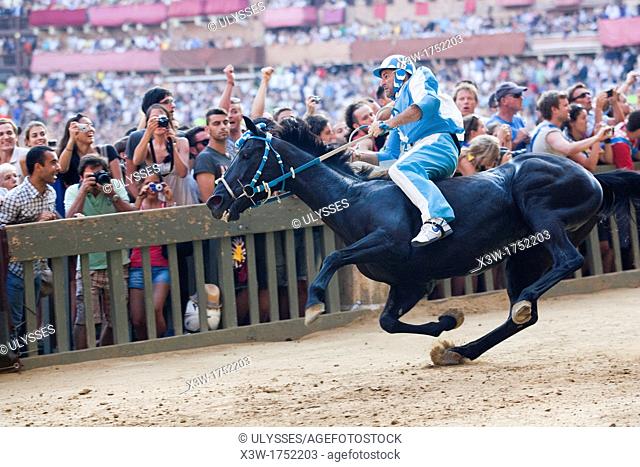 the race, contrada of the wave, palio of siena, siena, tuscany, italy, europe