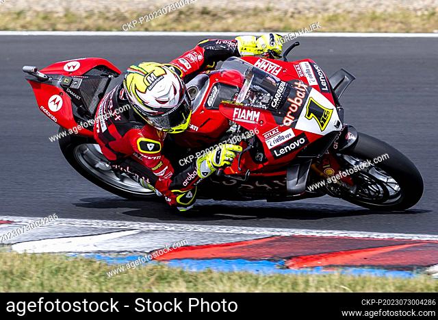 Alvaro Bautista from Spain competes in Race 2 during the 2023 Superbike World Championship, on July 30, 2023, in Most, Czech Republic