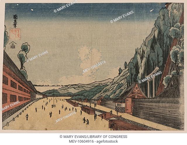 Mount Atago at Shiba. Print shows wide promenade and shrine buildings at the base of Mount Atago. Date between 1818 and 1830