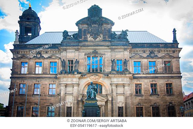 Monument of King Friedrich August and the old building behind him in Dresden, Germany
