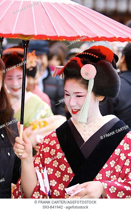 A geisha at the 'Setsubun', beginning of spring festival at Yasaka Shrine in Kyoto's Gion district