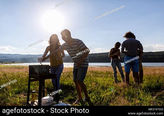 Young people making Barbecue at lakeside meadow, men and women