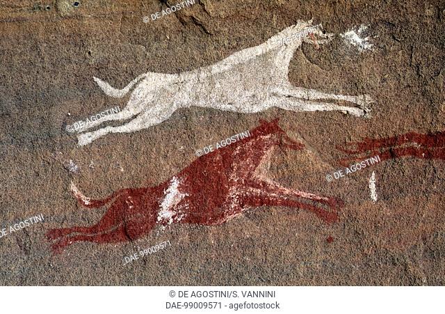 Galloping animals, cave painting, Aoueni, Tadrart Acacus Massif (Unesco World Heritage List, 1985), Libya