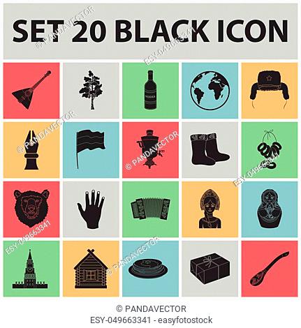 Country Russia, travel black icons in set collection for design. Attractions and features vector symbol stock illustration
