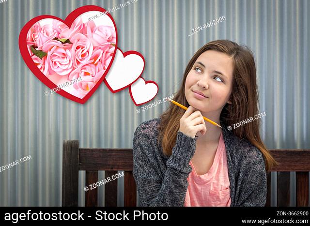 Cute Daydreaming Girl Next To Floating Hearts with Pink Roses