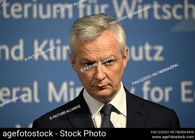 31 March 2022, Berlin: Bruno Le Maire, French Minister for the Economy, Finance and Recovery gives a joint press conference with his German counterpart Habeck...