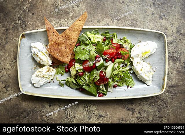 Labneh with salad and crispy flatbread