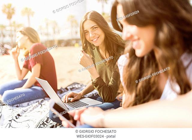 Portrait of smiling young woman with friends on the beach using laptop
