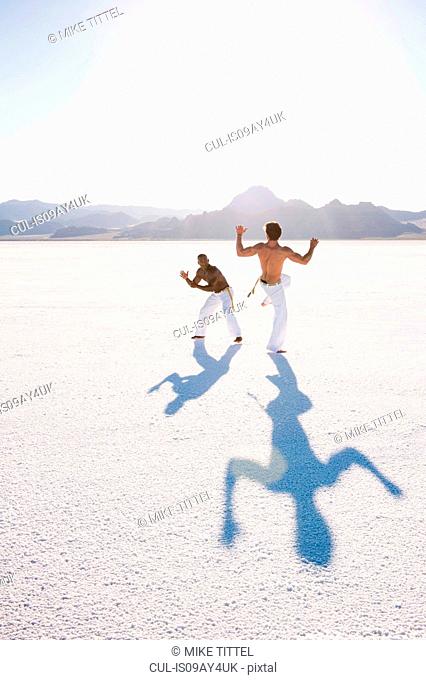 Two men on Bonneville Salt Flats performing capoeira, Utah, USA