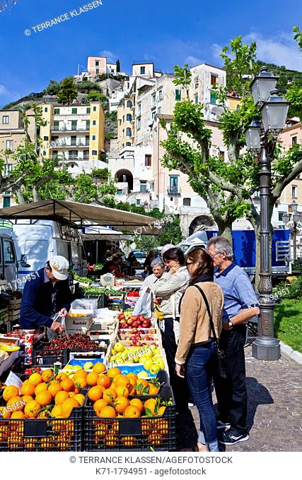 A fresh produce market in the Amalfi coast town of Minori, Italy