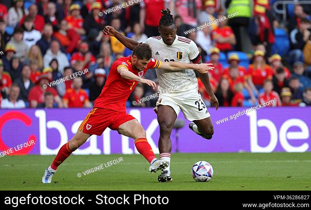 Welsh Ben Davies and Belgium's Michy Batshuayi fight for the ball during a soccer game between Wales and Belgian national team the Red Devils