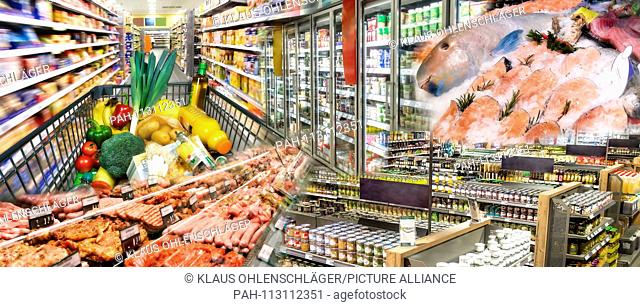 Wide range of goods with meat and fish, fruits and vegetables in the supermarket | usage worldwide
