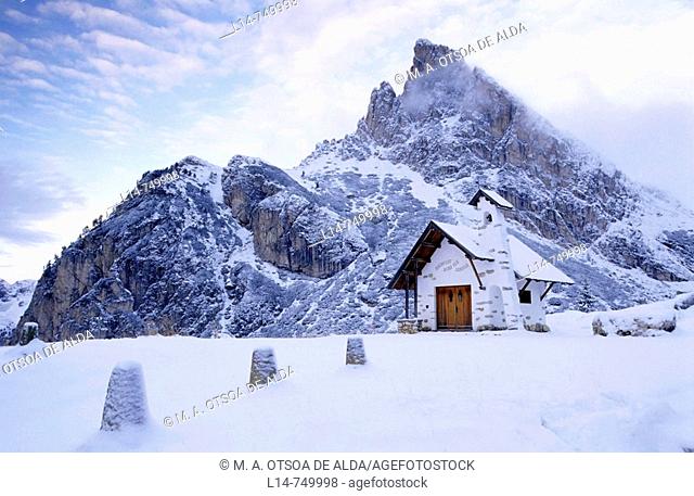 Church at Falzarego Pass (2117 m), Dolomites, Italy