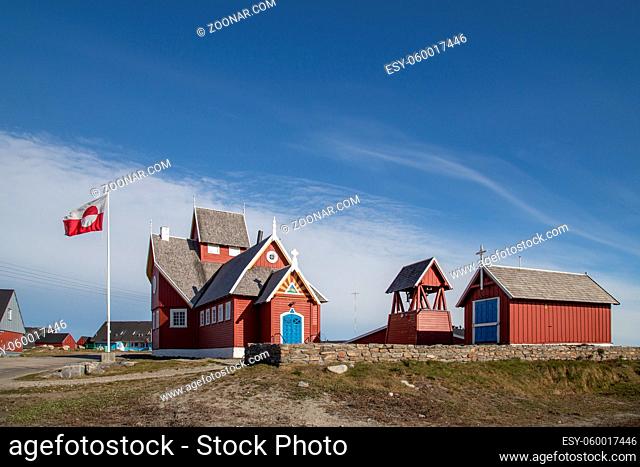 Qeqertarsuaq, Greenland - July 4, 2018: The church, which has an octagonal shape